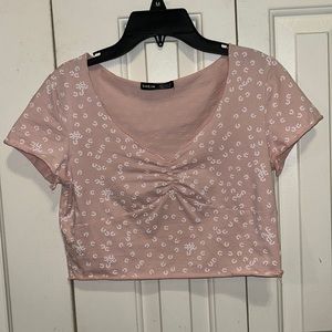 Shein light pink crop top with white flowers size: small
